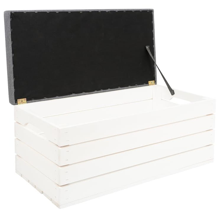 Pouf coffre ouvrant blanc PIN 80x40x35 cm | Banc en bois avec rangement | Coffre pour s'asseoir | Coffre de rangement blanc