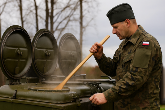 Kucharz w mundurze polowym miesza drewnianą warzechą grochówkę w otwartym kotle wojskowej kuchni polowej. W tle widoczne są trzy zamknięte pokrywy pozostałych kotłów i unosząca się para.