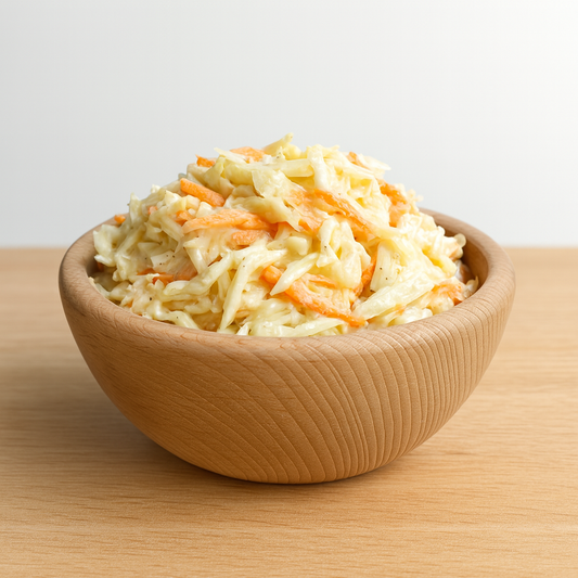 Naturalna drewniana miska z parzonego buku o średnicy 18 cm, wypełniona surówką colesław z marchewką i kapustą, ustawiona na stole – produkt ekologiczny od Chłopcy z Rancza.