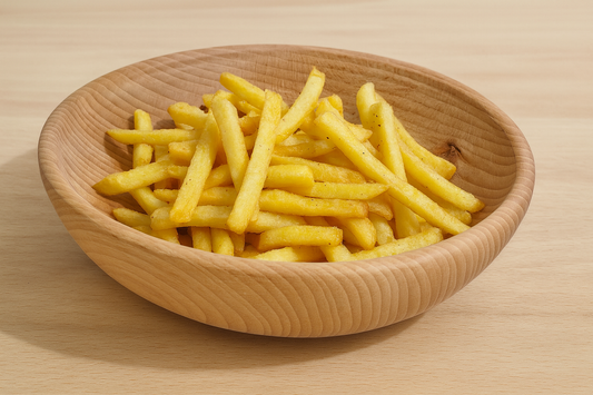 Drewniana miska z parzonego buku o średnicy 23 cm wypełniona frytkami oprószonymi solą i pieprzem – naturalna elegancja w rustykalnym stylu Chłopcy z Rancza.