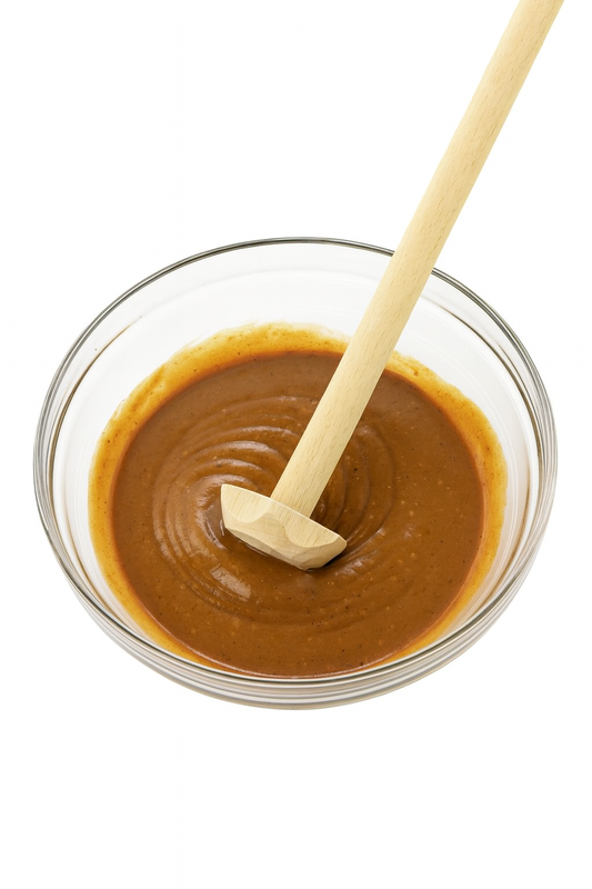 Drewniana trzepaczka typu rogalka w szklanej misce z gęstym sosem – naturalne akcesorium kuchenne idealne do mieszania i roztrzepywania składników.