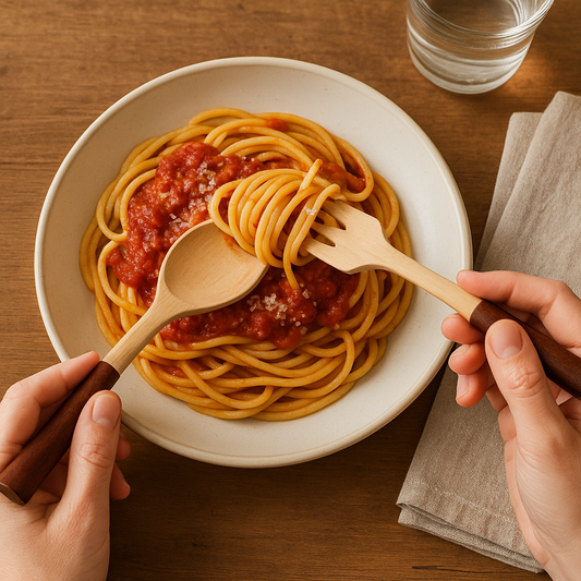 Drewniany zestaw sztućców z łyżką i widelcem w brązowych rączkach – kobieta nakręca spaghetti z sosem pomidorowym na rustykalnym stole. Ekologiczne akcesoria kuchenne Chłopcy z Rancza