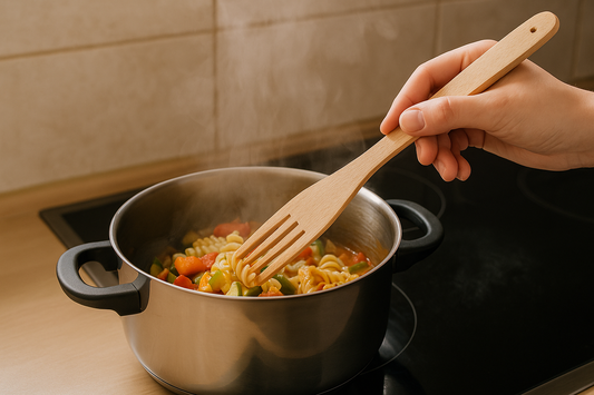 Ręka miesza drewnianym widelcem gotujący się makaron z warzywami w garnku na kuchence – naturalna scena domowego gotowania z użyciem ekologicznych sztućców z drewna bukowego