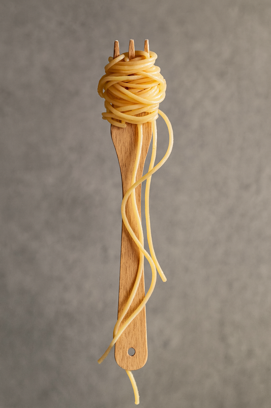 Drewniany widelec kuchenny z nawiniętym makaronem spaghetti – naturalne drewno bukowe, minimalistyczne tło, elegancka prezentacja produktu w stylu e-commerce.