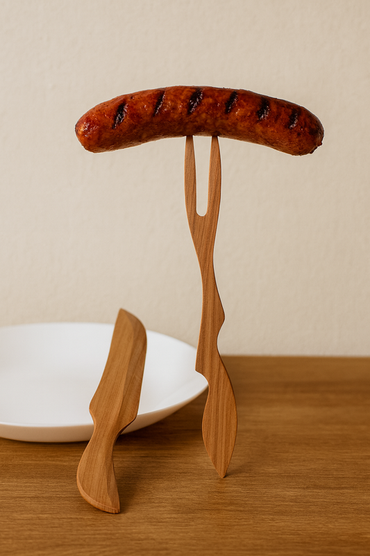 Drewniany zestaw sztućców – widelec i nóż z naturalnego drewna czereśniowego. Widelec wbity w apetyczną kiełbasę z grilla, a nóż oparty o biały talerz na drewnianym stole – elegancka, rustykalna scena produktowa.