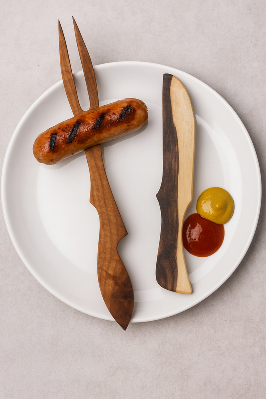 Drewniany widelec i nóż z naturalnego drewna leżące na białym talerzu. Na widelcu nabita grillowana kiełbasa z apetycznymi śladami przypieczenia, obok porcja musztardy i ketchupu – rustykalna, naturalna kompozycja w stylu eko.