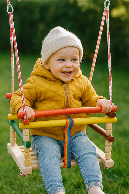 Uśmiechnięte dziecko w żółtej kurtce i czapce beanie huśta się na kolorowej drewnianej huśtawce ogrodowej z tęczowym pasem bezpieczeństwa – radość i zabawa na świeżym powietrzu.