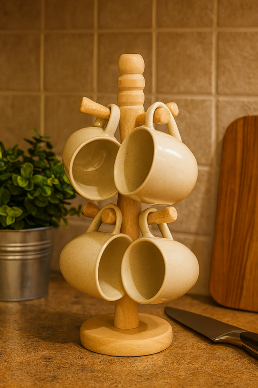 Drewniany stojak na kubki z czterema beżowymi filiżankami zawieszonymi za uchwyty, ustawiony na kuchennym blacie obok rośliny w metalowej doniczce i drewnianej deski – ciepła, rustykalna aranżacja kuchni.