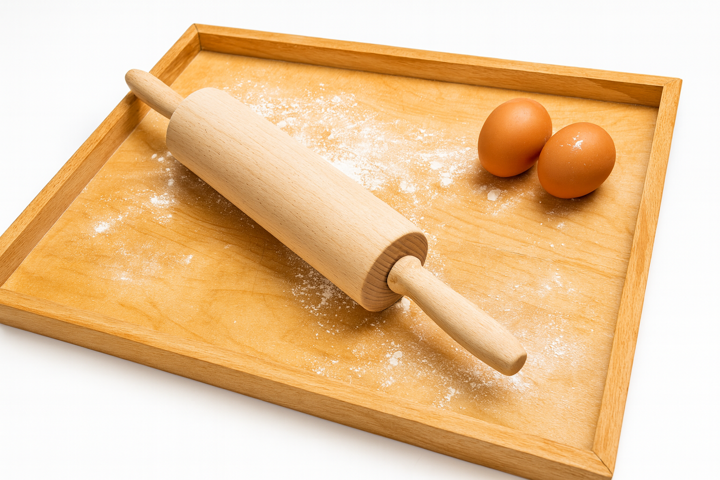 Drewniany wałek kuchenny na stolnicy z mąką i dwoma jajkami – naturalne światło, ciepły odcień drewna, idealny do prezentacji produktów kuchennych marki Chłopcy z Rancza.