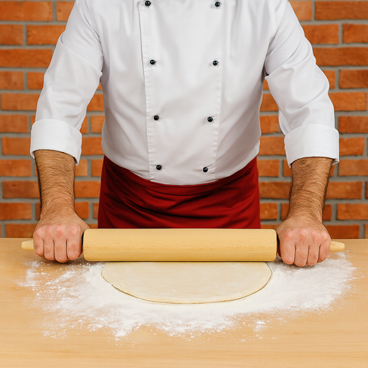 Kucharz wałkuje ciasto na pizzę drewnianym wałkiem 61 cm – solidny wałek z krótszymi rączkami i dłuższą częścią roboczą, idealny do cienkiego rozwałkowania ciasta na pizzę w profesjonalnej kuchni.