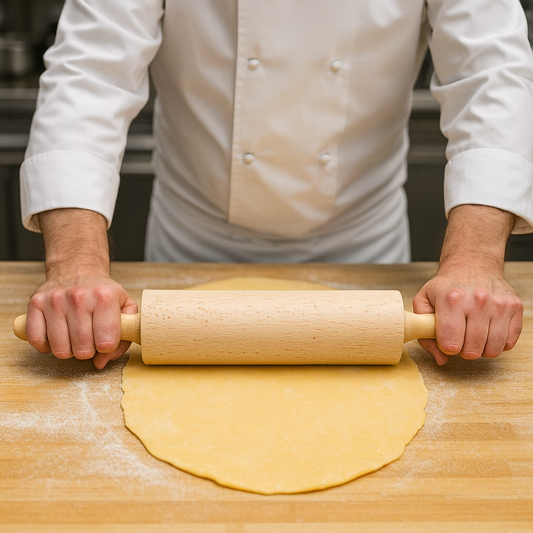 Kucharz wałkuje ciasto na makaron drewnianym wałkiem o długości 45 cm i średnicy 6 cm na oprószonym mąką blacie kuchennym – produkt Chłopcy z Rancza.