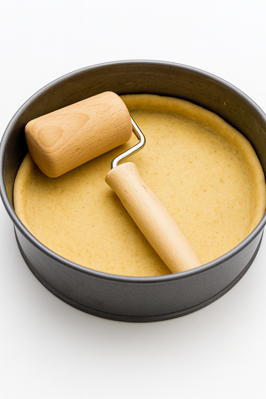 Drewniany wałek kuchenny roller z metalowym uchwytem w okrągłej brytfannie z rozwałkowanym ciastem – idealny do równomiernego formowania ciasta na tartę lub spód do pizzy, produkt marki Chłopcy z Rancza.