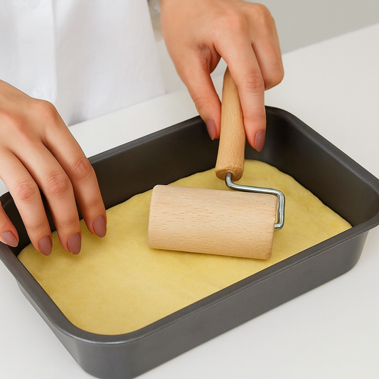 Kobieta wałkuje ciasto w dużej prostokątnej brytfance, używając drewnianego wałka z wąską rączką o średnicy około 2 cm – Drewniany Wałek Kuchenny Chłopcy z Rancza.