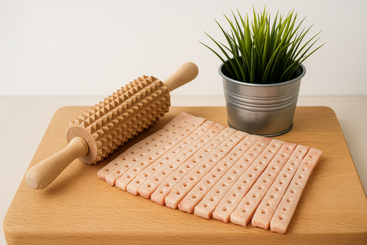 Drewniany wałek z kolcami do rozbijania mięsa leży na desce obok pasków słoniny z równomiernie wykonanymi otworami po rolowaniu, w tle metalowa doniczka z zieloną rośliną – jasne, czyste tło w stylu e-commerce.