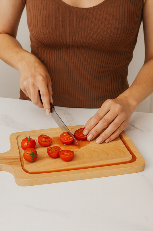 Kobieta kroi czerwone pomidory na drewnianej desce kuchennej z rowkiem, w którym zbiera się sok z pomidorów. Deska leży na białym blacie, a scena ukazuje naturalne drewno i świeże warzywa — idealne ujęcie do sklepu e-commerce Chłopcy z Rancza.