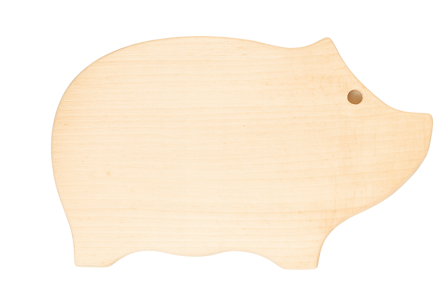 Dekoracyjna drewniana deska do krojenia w kształcie świnki – 30 cm, wykonana z naturalnego, jasnego drewna bukowego, z gładko szlifowaną powierzchnią i otworem do zawieszenia. Idealna do serwowania i krojenia potraw – Chłopcy z Rancza.
