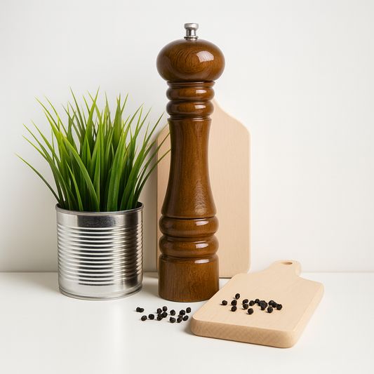 Drewniany młynek do pieprzu w kolorze dębu stojący obok metalowej doniczki z zieloną trawą i jasnej deski kuchennej – eleganczna, minimalistyczna kompozycja na białym tle, idealna do nowoczesnej kuchni.