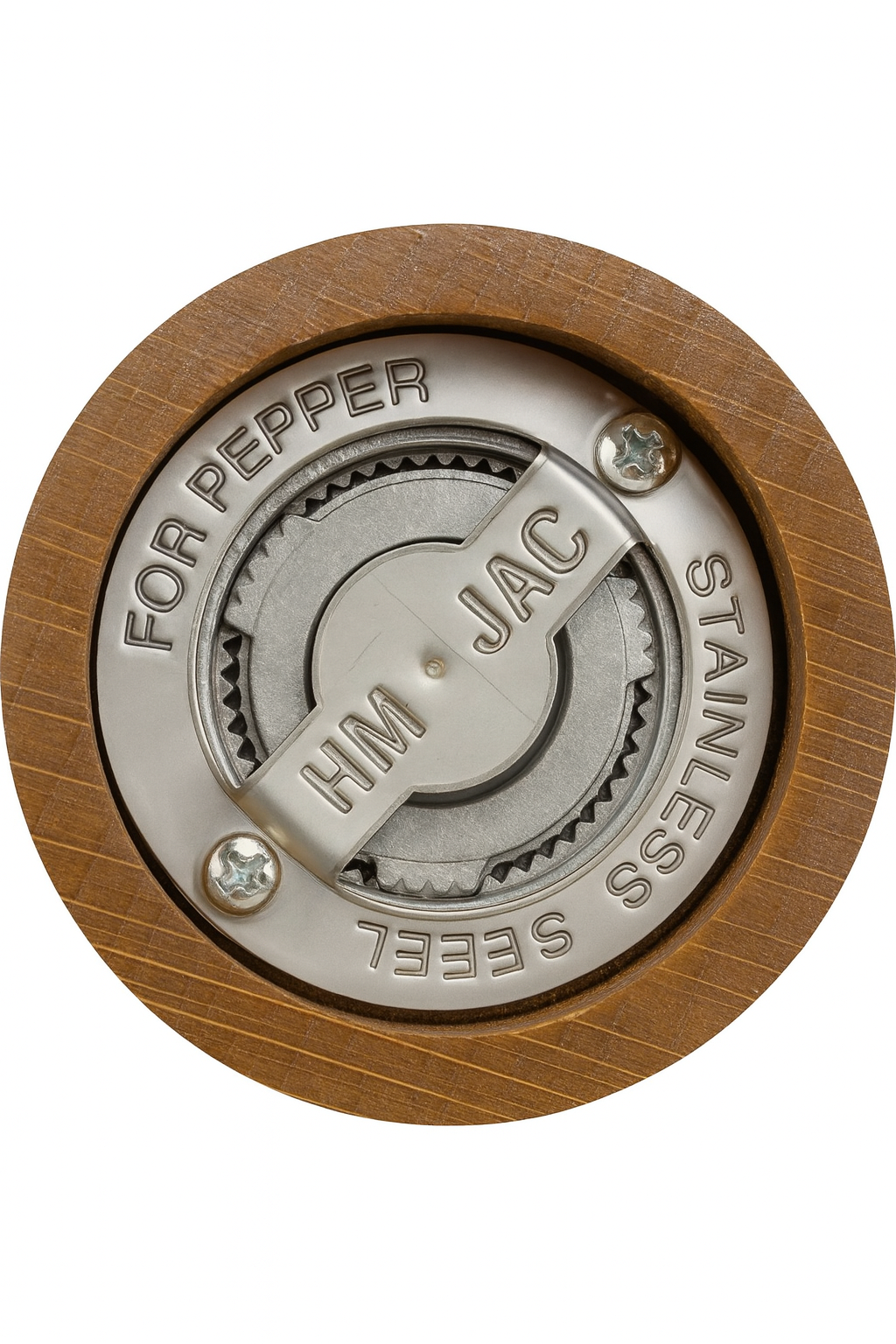 Mechanizm mielenia młynka do pieprzu ze stali nierdzewnej JAC HINA, zamocowany w solidnej, drewnianej obudowie – widok z dołu, wyraźne detale stalowych zębów i śrub mocujących,