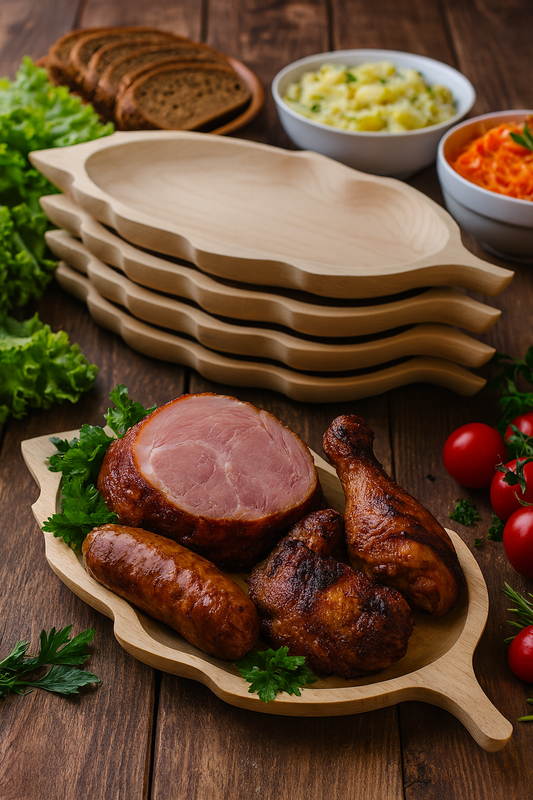 Rustykalny drewniany stół biesiadny z talerzem w kształcie liścia wypełnionym mięsiwem – pieczonym udkiem kurczaka, kiełbasą i szynką. W tle widać stos drewnianych talerzy, kromki chleba, sałatkę ziemniaczaną, surówkę z marchwi, liście sałaty i pomidory koktajlowe.