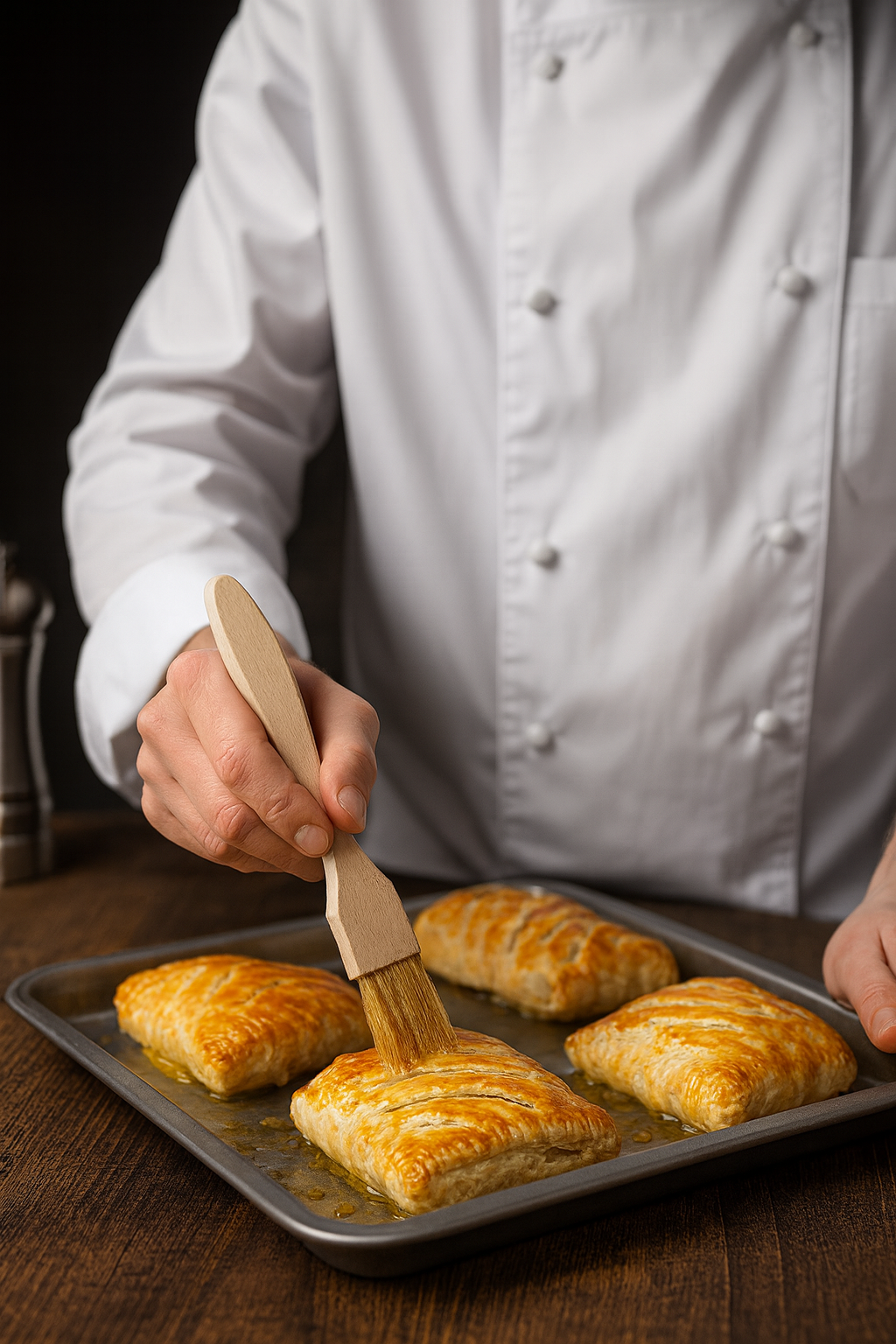 Kucharz w białej marynarce delikatnie glazuruje złociste, upieczone ciasto za pomocą drewnianego pędzla cukierniczego o długości 14 cm – scena w ciepłym świetle, na tle rustykalnego stołu.