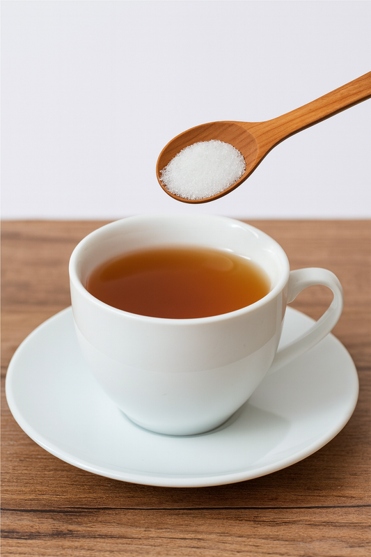 Drewniana łyżka wsypuje cukier do filiżanki z gorącą herbatą na drewnianym stole