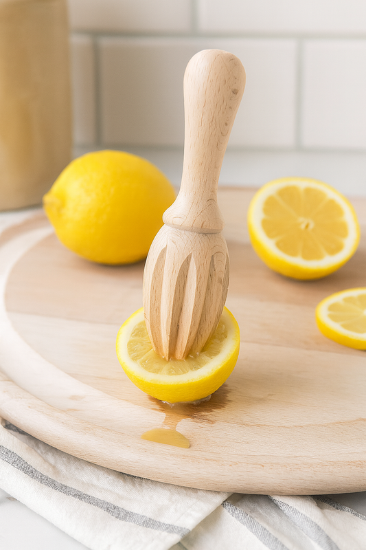 Drewniany wyciskacz do cytrusów podczas wyciskania soku z połówki cytryny na desce kuchennej – naturalna scena w jasnej kuchni z cytrynami w tle.