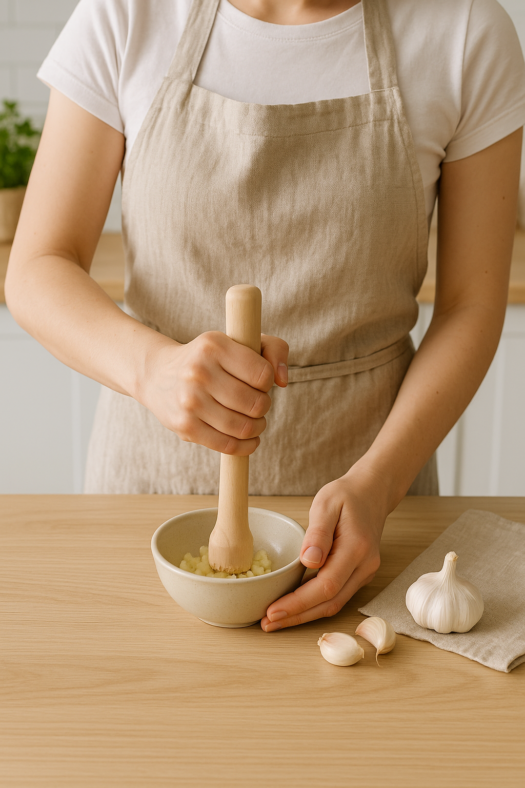 Kobieta w kuchni rozgniata czosnek w misce za pomocą drewnianego tłuczka o długości 22 cm. Scena w naturalnym świetle, z widocznym lnianym fartuchem, czosnkiem i drewnianym blatem