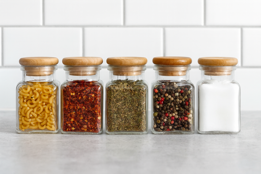 Zestaw pięciu szklanych słoików o pojemności 150 ml z drewnianymi pokrywkami, ustawionych w kuchni na blacie. Wypełnione makaronem, papryką, ziołami, kolorowym pieprzem i solą – elegancka i naturalna dekoracja kuchni.