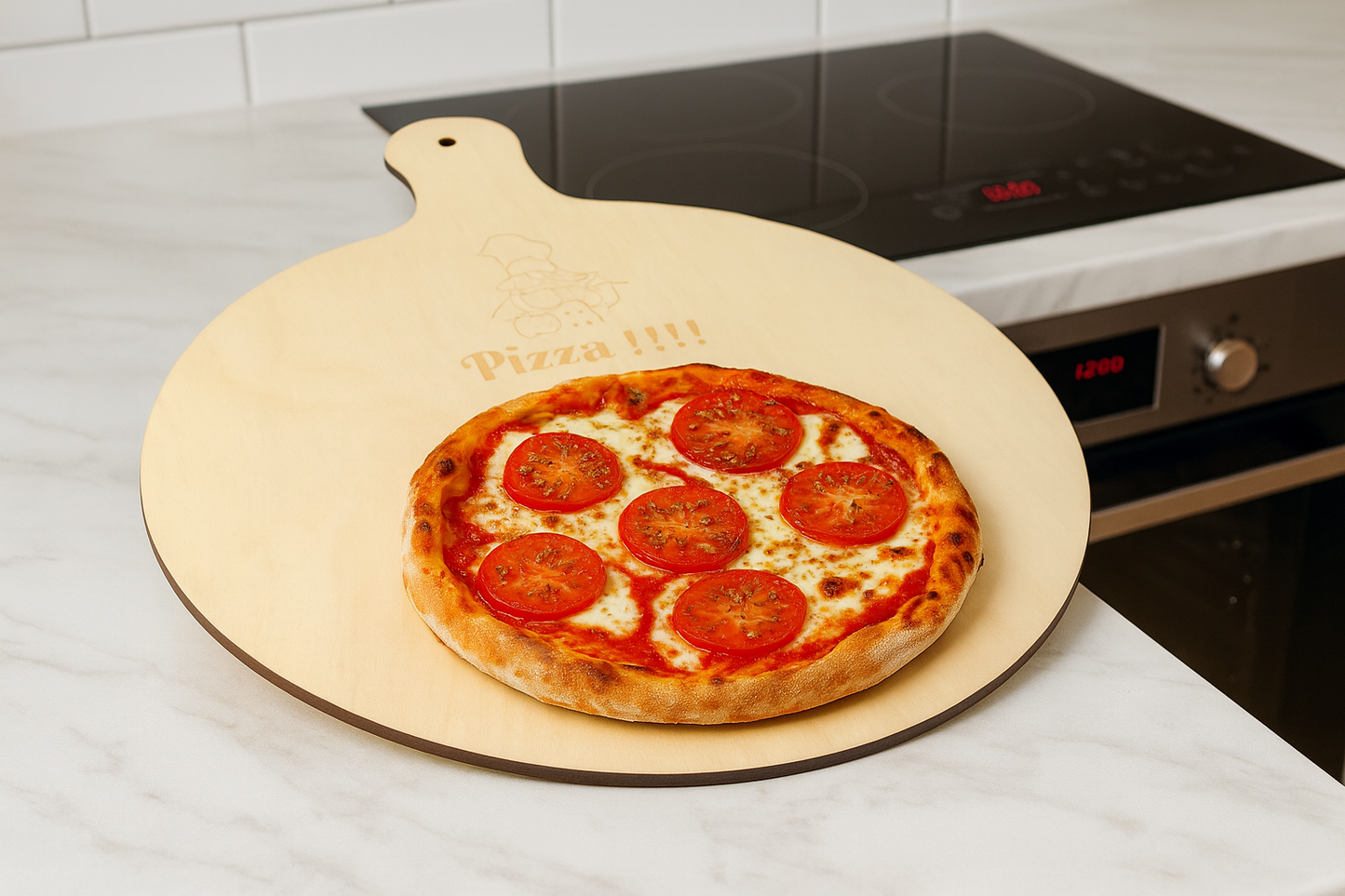 Alt tekst: Drewniana łopata do pizzy z grawerem „Pizza !!!” i włoską pizzą Margherita, ustawiona pod skosem na marmurowym blacie w nowoczesnej kuchni z płytą indukcyjną i piekarnikiem w tle.
