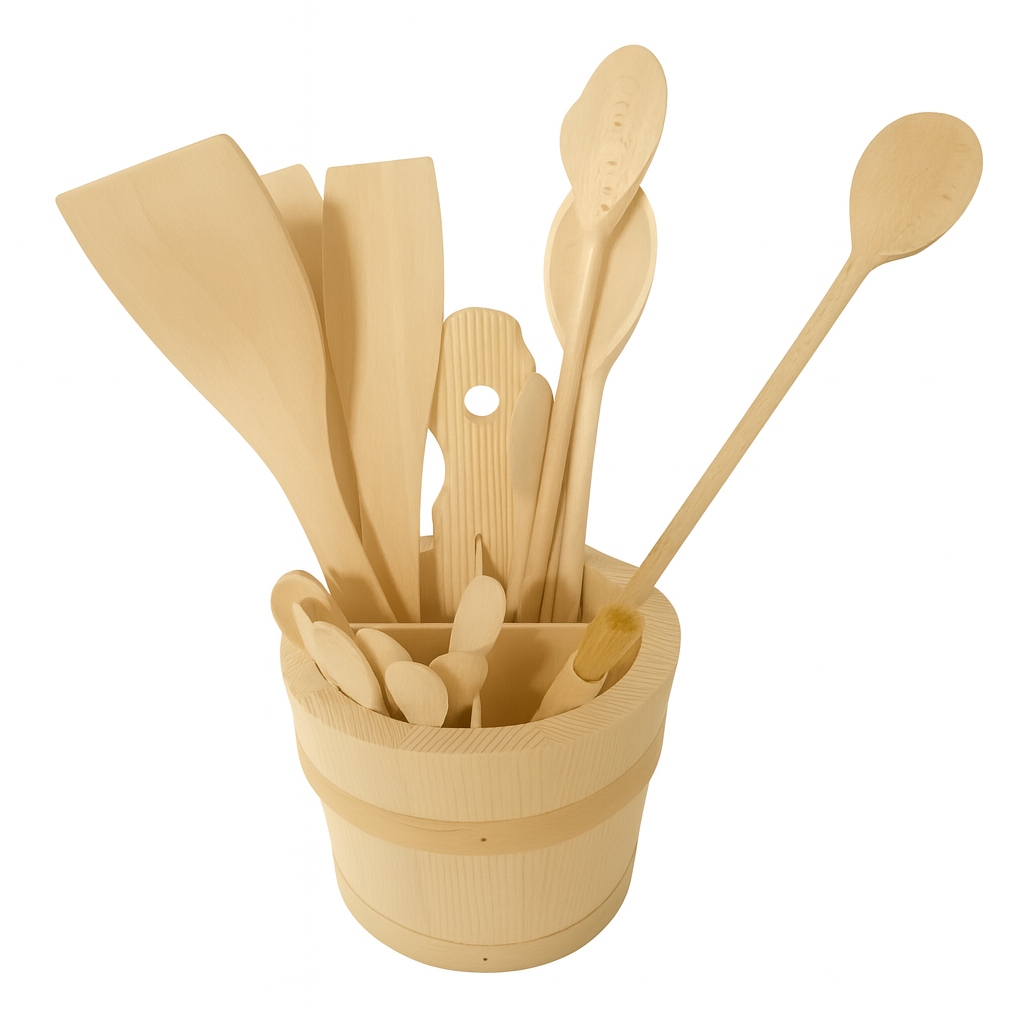Zestaw drewnianych przyborów kuchennych w naturalnym kolorze, umieszczonych w okrągłym pojemniku przypominającym miniaturowe wiaderko z drewna. W zestawie znajdują się różne łyżki, łopatki i pędzelek, ułożone pionowo.