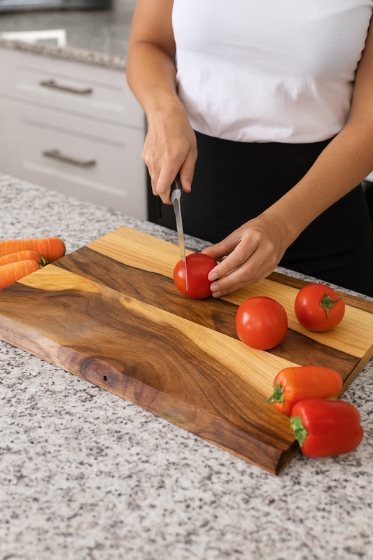 Kobieta kroi świeże pomidory na eleganckiej drewnianej desce do krojenia z orzecha włoskiego, leżącej na kuchennym blacie z kamienia. W tle widać marchewki i papryki, tworzące naturalną, ciepłą atmosferę kuchni.