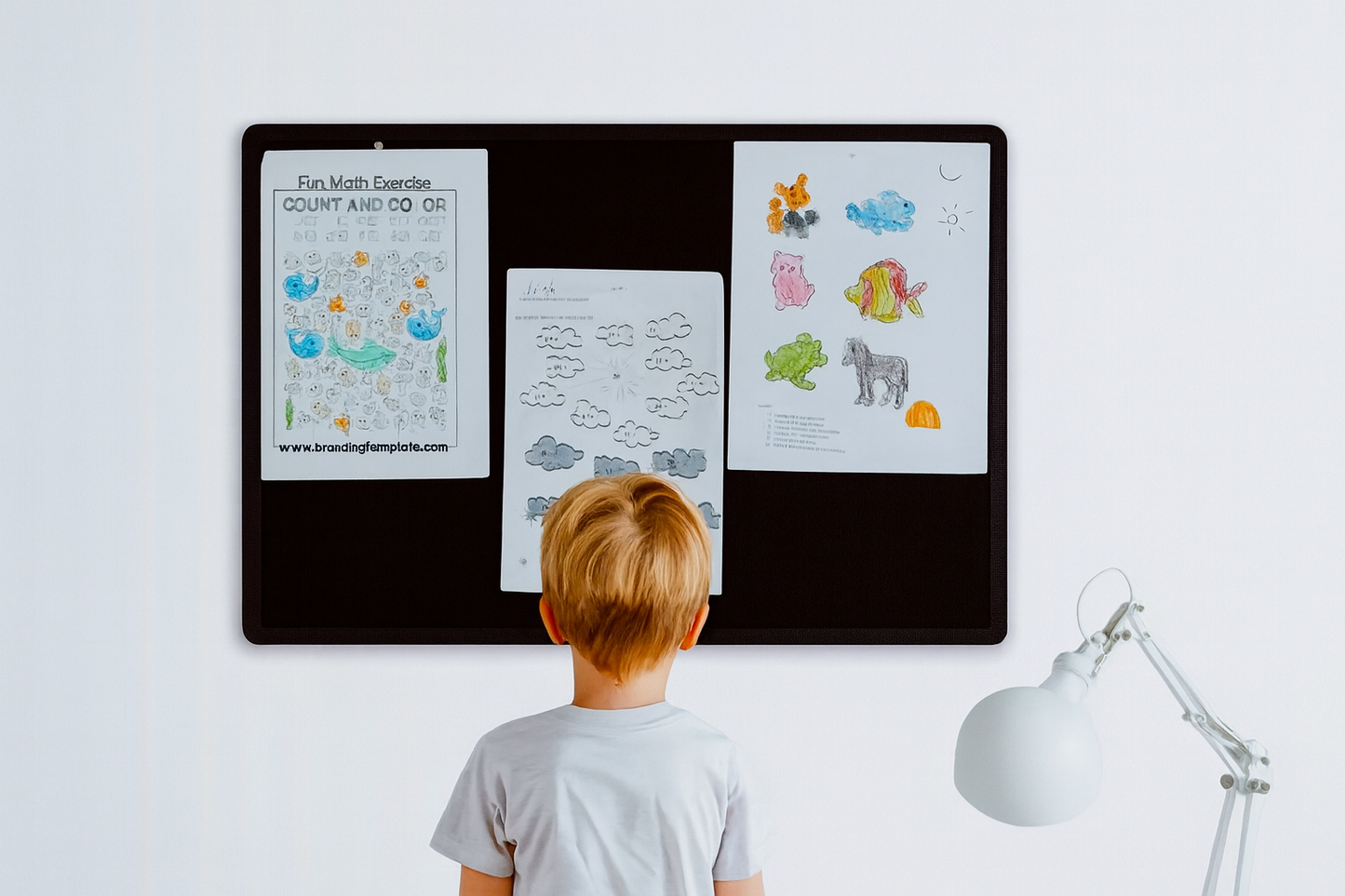 Dziecko stoi przed czarną tablicą korkową z przypiętymi kolorowankami i ćwiczeniami edukacyjnymi, w jasnym pokoju z lampką biurkową po prawej stronie – elegancka i uporządkowana aranżacja idealna do pokoju dziecięcego lub domowego biura.