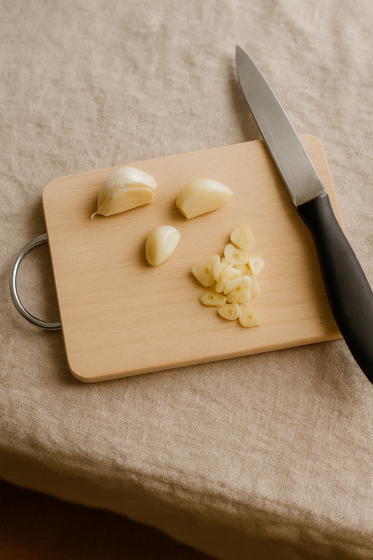 Mała prostokątna deska bukowa o wymiarach 12×18 cm i grubości 1,5 cm z metalowym uchwytem. Na desce leżą krojone ząbki czosnku i nóż kuchenny z czarną rączką. Tło stanowi lniany obrus w jasnym kolorze, a całość oświetlona jest naturalnym, ciepłym światłem dziennym.