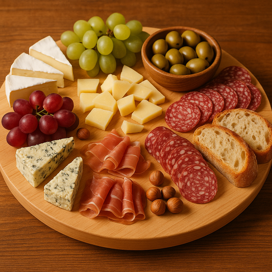 Drewniana deska obrotowa z bukowego drewna o średnicy 40 cm, na której ułożone są sery, winogrona, oliwki, wędliny i pieczywo. Scena biesiadna na stole z naturalnego drewna, oświetlona ciepłym, naturalnym światłem.