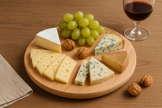 Drewniana deska obrotowa z bukowego drewna o średnicy 30 cm, na której ułożono różne rodzaje serów – żółty, pleśniowy i dojrzewający – oraz kiść zielonych winogron i kilka orzechów włoskich. Obok znajduje się kieliszek czerwonego wina i lniana serwetka.