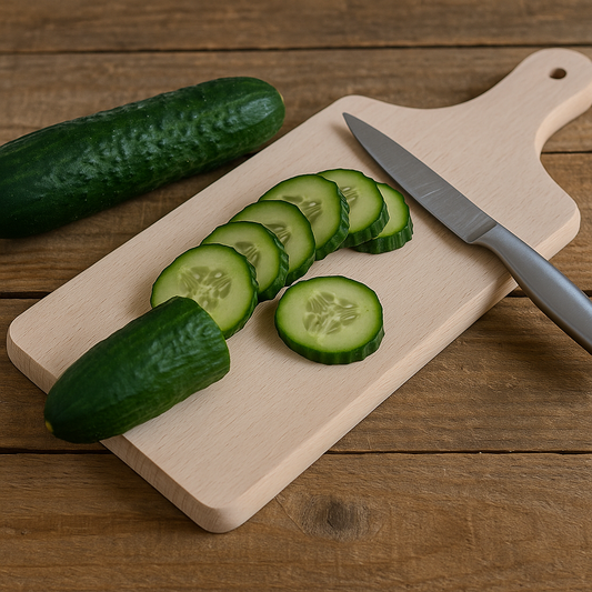 Drewniana deska do krojenia z plasterkami świeżego ogórka, nożem kuchennym i całym ogórkiem obok – Chłopcy z Rancza / Ranch Boys.