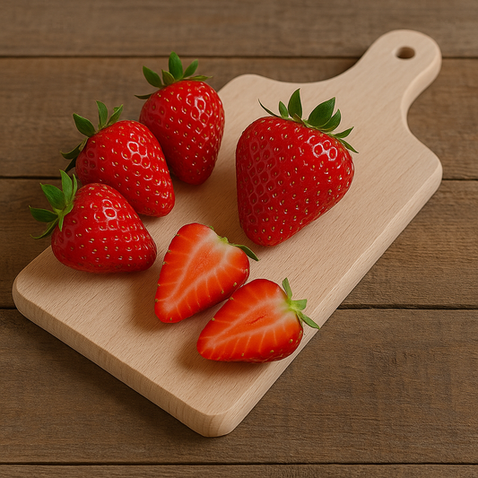Drewniana deska do krojenia z kilkoma świeżymi truskawkami, w tym jedną przeciętą na pół, na tle drewnianego blatu – Chłopcy z Rancza / Ranch Boys.