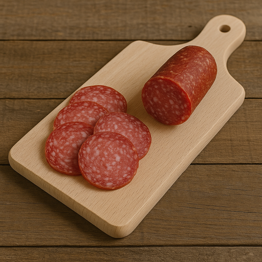 Drewniana deska do krojenia z kilkoma plastrami salami i kawałkiem kiełbasy, na rustykalnym stole – Chłopcy z Rancza / Ranch Boys.