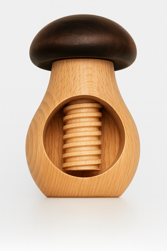 Drewniany dziadek do orzechów w kształcie grzybka z ciemną główką i jasnym korpusem, otoczony całymi i rozłupanymi orzechami włoskimi – Chłopcy z Rancza / Ranch Boys.