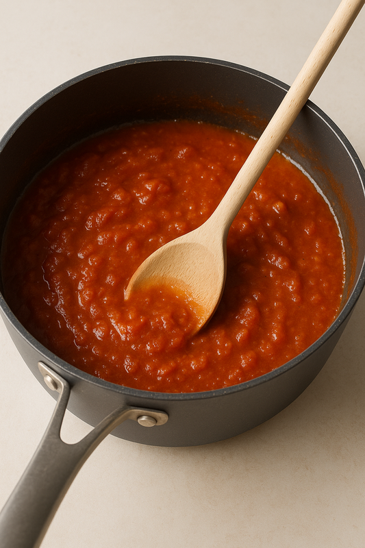 Drewniana łyżka kuchenna o długości 30 cm mieszająca gęsty sos pomidorowy w garnku – realistyczna scena użytkowa. Chłopcy z Rancza / Ranch Boys