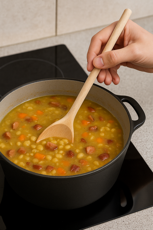 Drewniana łyżka kuchenna 35 cm w akcji – mieszanie grochówki w dużym garnku, naturalne zdjęcie produktowe Chłopcy z Rancza / Ranch Boys