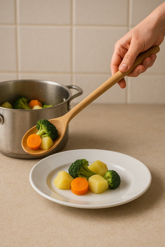 Drewniana łyżka 40 cm Chłopcy z Rancza / Ranch Boys podaje gotowane warzywa – marchew, ziemniaki i brokuł – z garnka na talerz