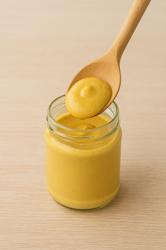 Drewniana łyżka Chłopcy z Rancza / Ranch Boys nabierająca musztardę ze szklanego słoika, na jasnym drewnianym tle.