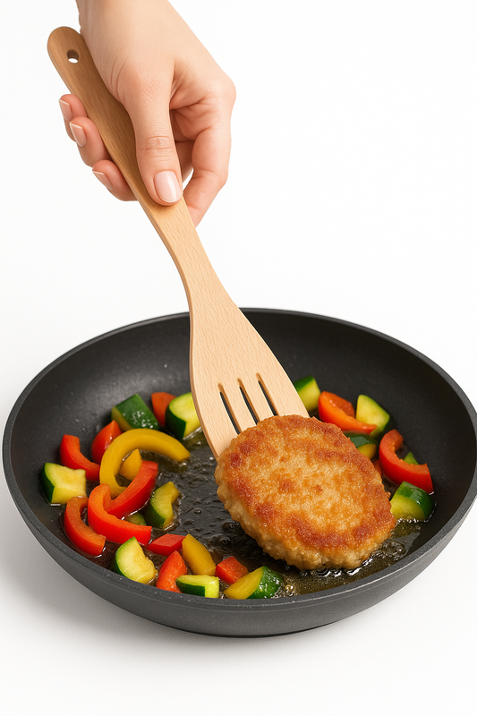 Łopatka drewniana wąska z lekkim podgięciem, unosząca smażony kotlet w otoczeniu warzyw – Chłopcy z Rancza / Ranch Boys