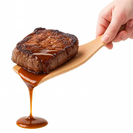 Drewniana łopatka podgięta trzyma kawałek soczystego mięsa, z którego spływa brązowy sos – Chłopcy z Rancza / Ranch Boys.