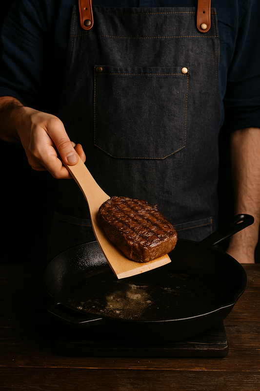 Kucharz trzyma drewnianą łopatkę o długości 30 cm i szerokości 6 cm, na której spoczywa stek wypieczony welldone. Pod spodem znajduje się patelnia z rozpuszczonym masłem. – Chłopcy z Rancza / Ranch Boys