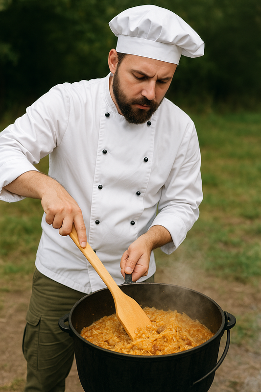 Kucharz na biwaku miesza gotujący się bigos w dużym żeliwnym kotle nad ogniem, używając drewnianej warzechy o długości 50 cm i szerokości 8 cm. W tle namiot i las. Zdjęcie produktowe – Chłopcy z Rancza.