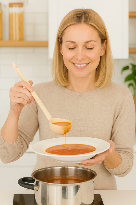 Kobieta w jasnej kuchni nalewa zupę pomidorową z garnka do talerza przy użyciu drewnianej chochli z buku o długości 36 cm. Ciepłe, naturalne światło podkreśla kolor zupy i gładką fakturę drewna. — Chłopcy z Rancza