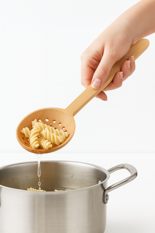 Kobieca dłoń trzyma drewnianą łyżkę cedzakową nad garnkiem ze stali nierdzewnej. Na łyżce znajduje się ugotowany makaron świderki, a z otworów cedzaka kapie woda z powrotem do garnka. Zdjęcie produktowe na białym tle – Chłopcy z Rancza.