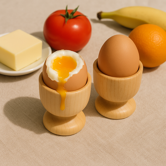 Dwa drewniane kieliszki do jajek ustawione na jasnym obrusie — w jednym całe jajko, w drugim jajko ugotowane na miękko z lekko rozlewającym się żółtkiem. W tle widać kostkę masła na talerzyku oraz świeże owoce i warzywa, m.in. pomidora, banana i pomarańczę. Naturalne światło, styl rustykalny. Produkt: drewniane kieliszki do jajek – Chłopcy z Rancza.